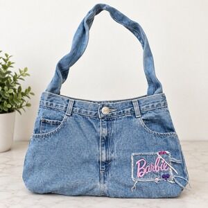 Vintage Barbie Denim Shoulder Bag Blue Jean Purse Embroidered Hearts Flowers Y2K